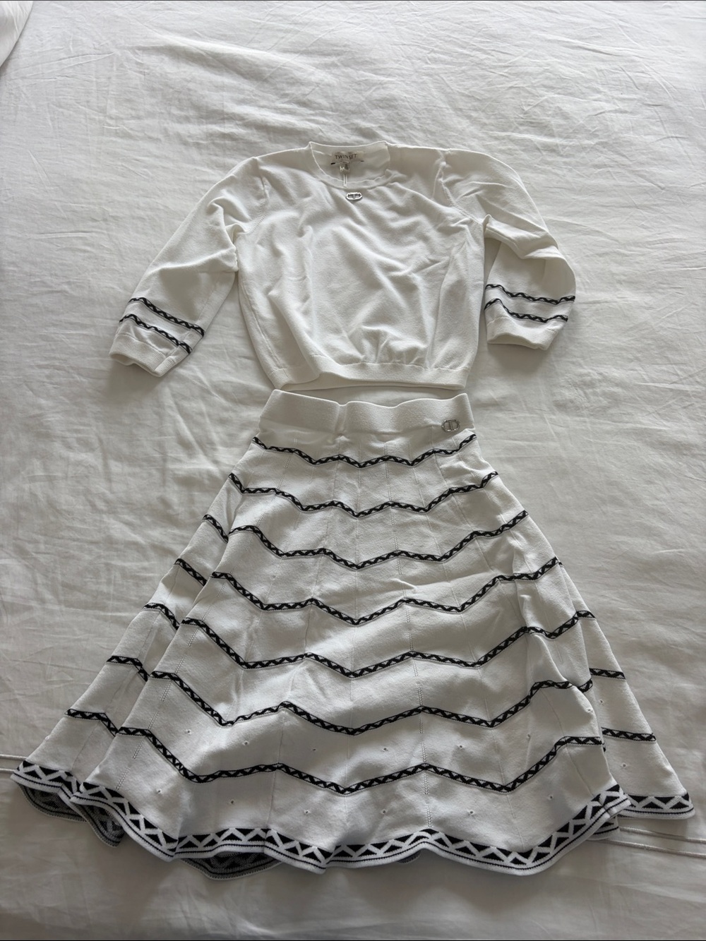 Girls White Knit Two-Piece Set with Black Trim